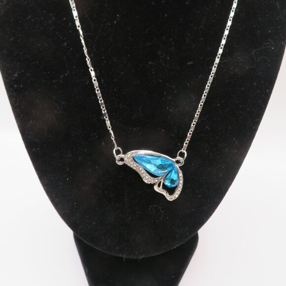 Silver Tone Butterfly Necklace Blue Rhinestone - Picture 1 of 10